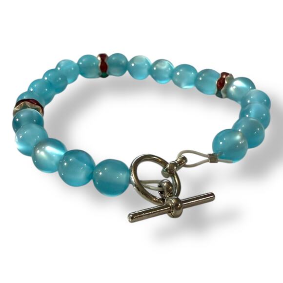 Handmade Blue Tiger Eye & Green Red Crystal Bracelet 7.75" - Picture 4 of 7